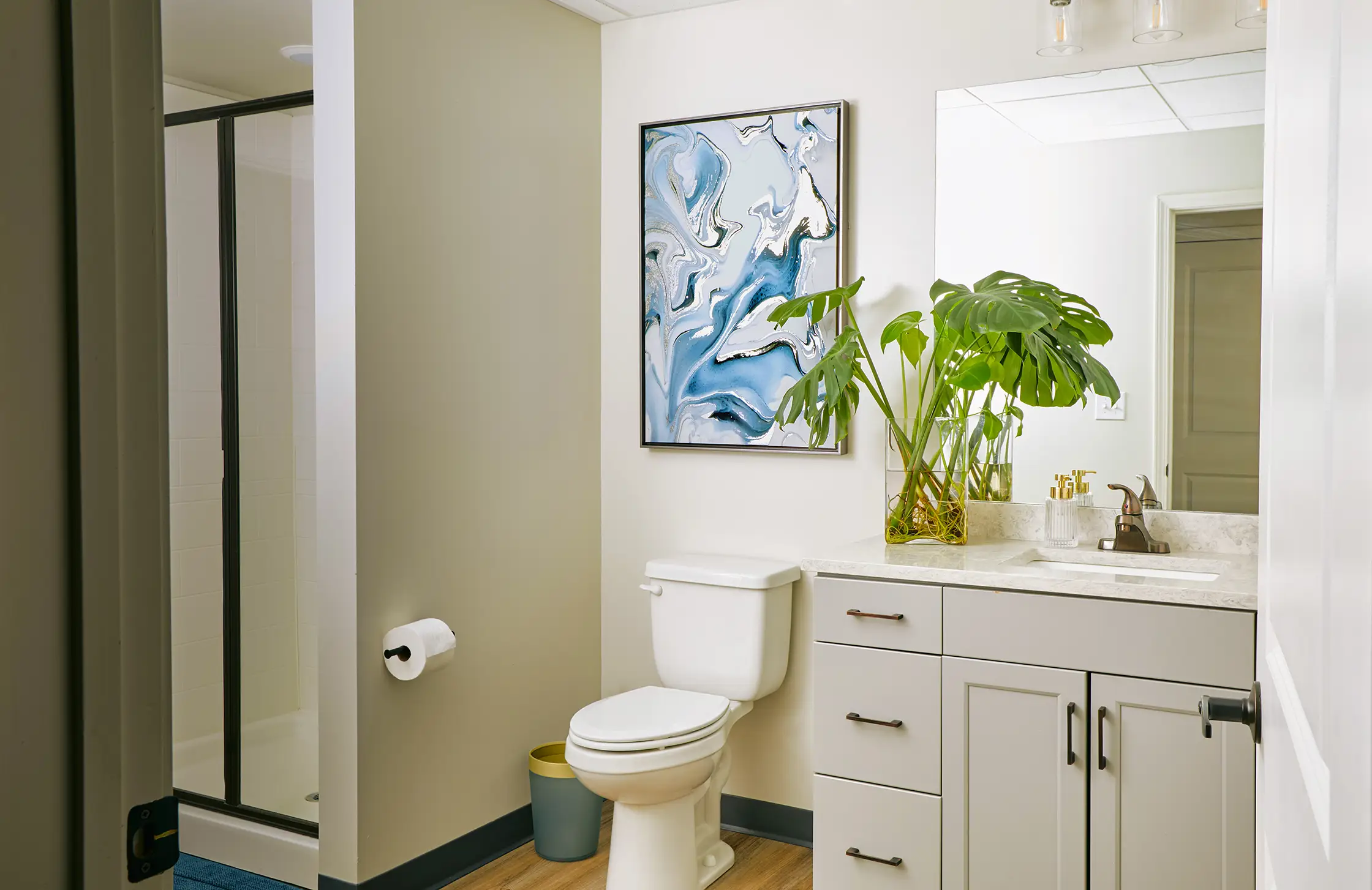 Bathroom with sleek fixtures in The Tribute, a luxury apartment complex in downtown Knoxville.