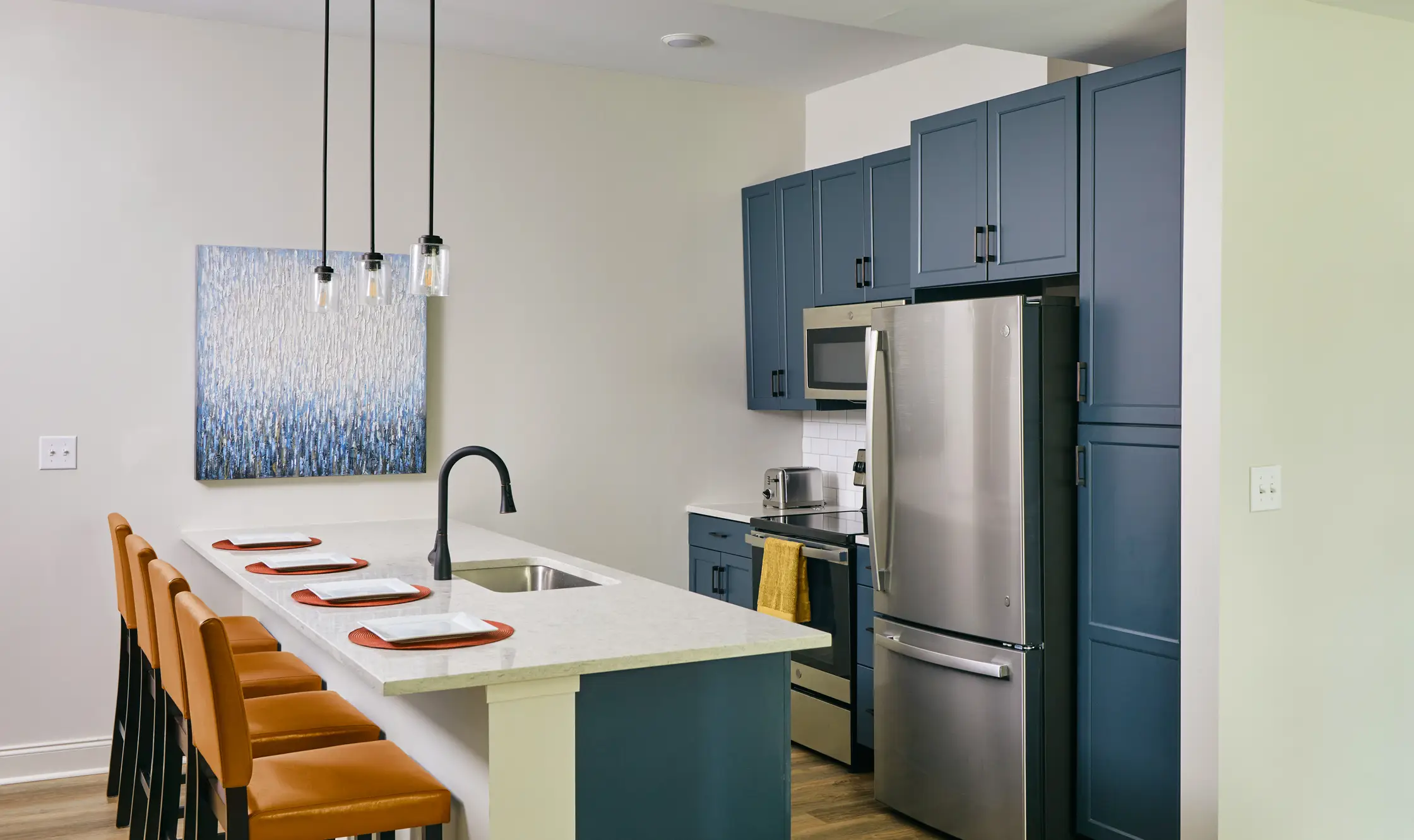 Contemporary kitchen with upscale appliances in The Tribute, a luxury apartment complex in downtown Knoxville.