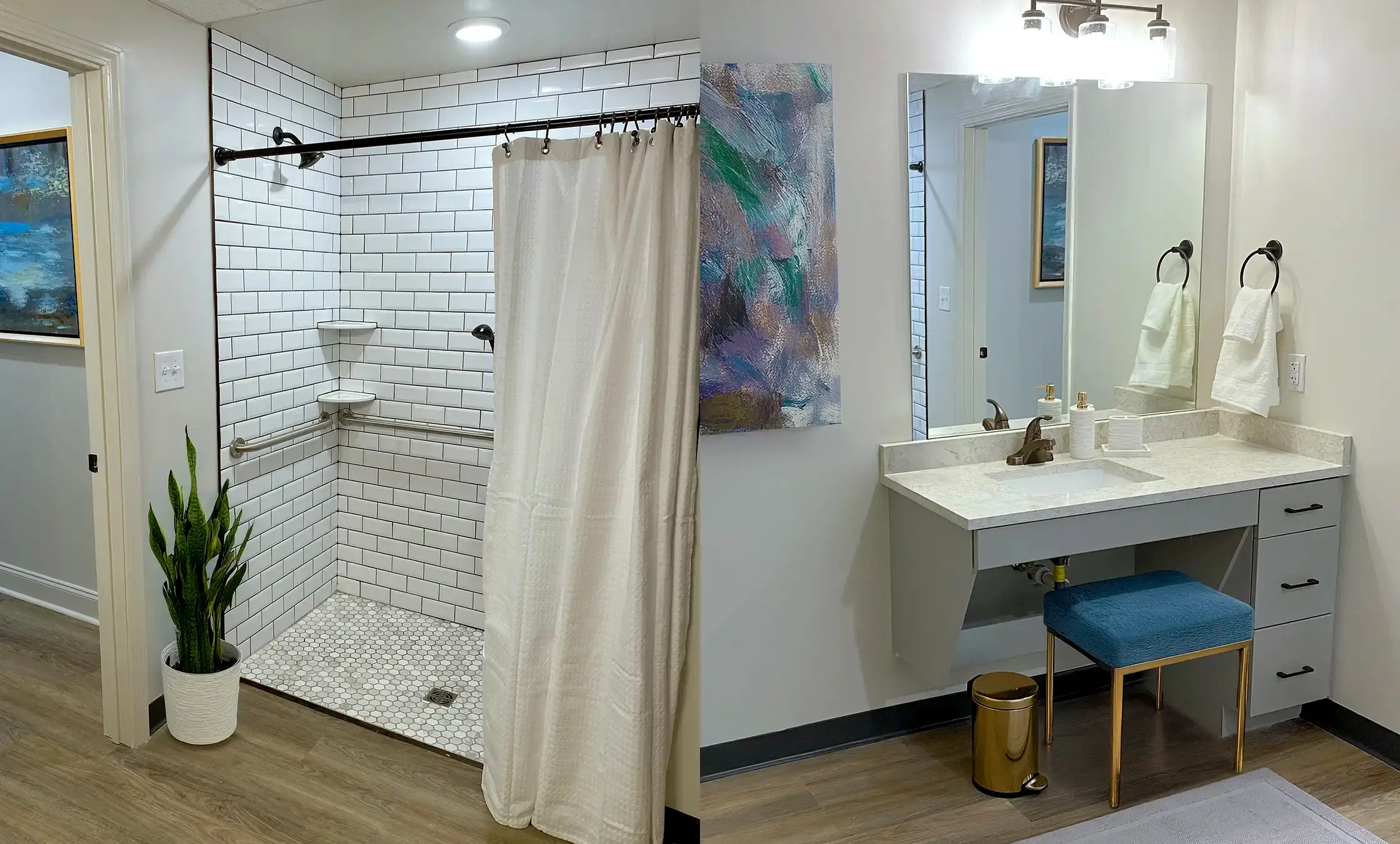 Elegant bathroom featuring sleek design and premium fixtures at The Tribute in downtown Knoxville.