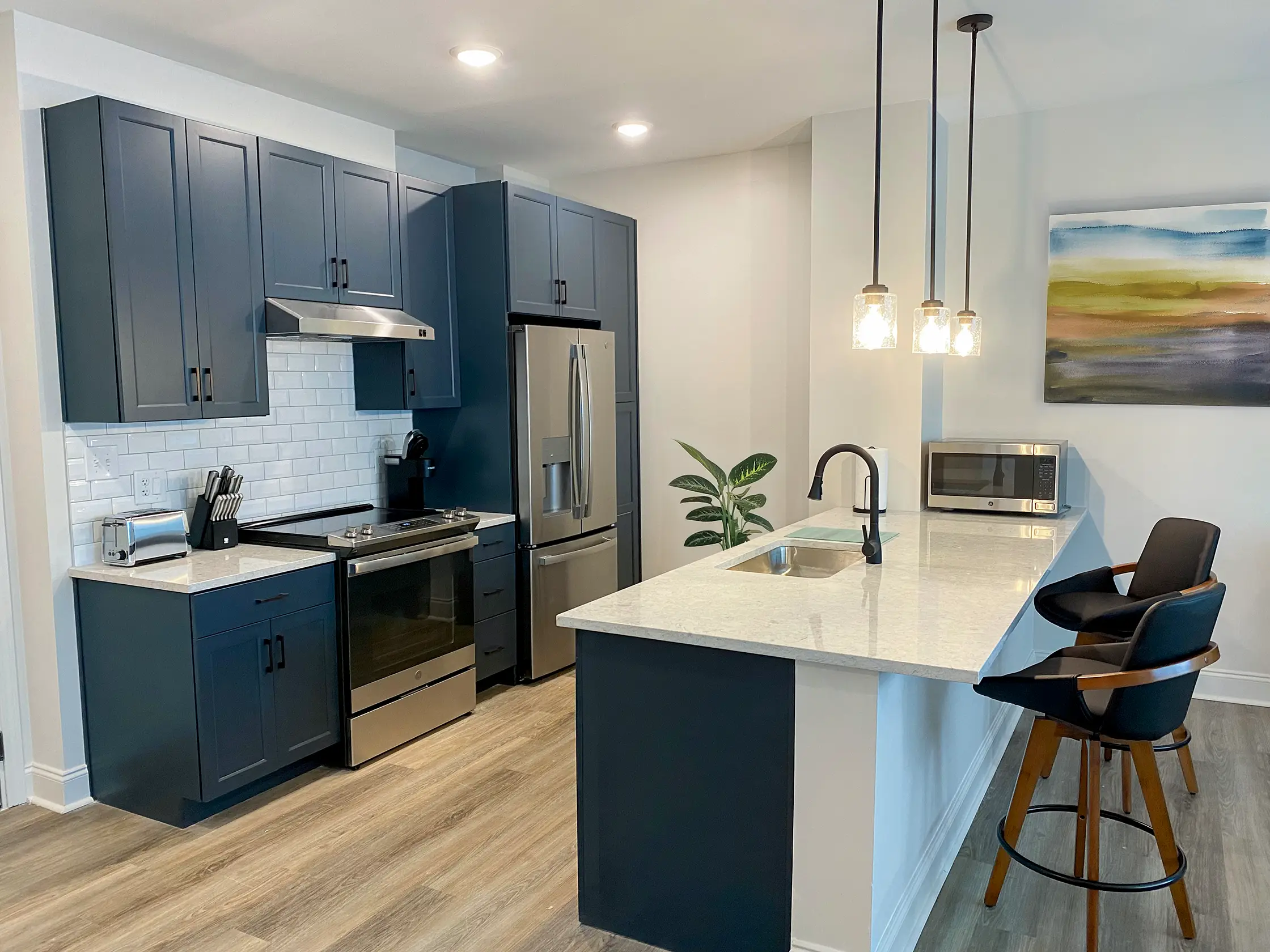 Sleek modern kitchen with high-end appliances in The Tribute, a luxury apartment complex in downtown Knoxville.